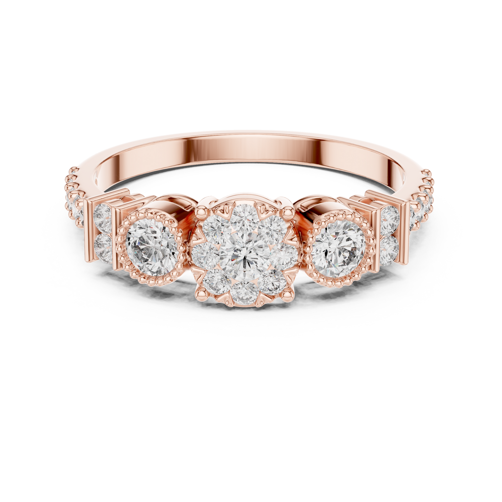 Round cut Three Stone Lab Diamond Engagement Ring - Vintage Style