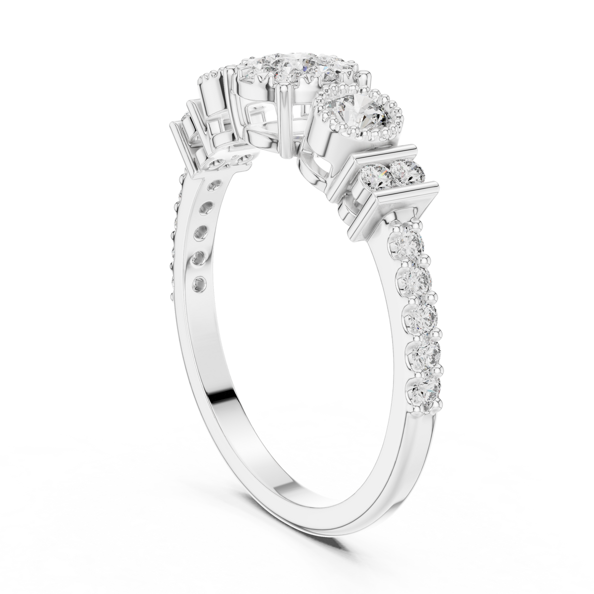 Round cut Three Stone Lab Diamond Engagement Ring - Vintage Style