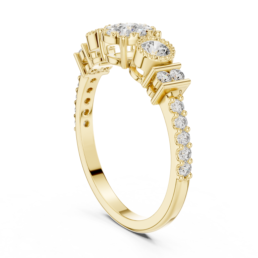 Round cut Three Stone Lab Diamond Engagement Ring - Vintage Style