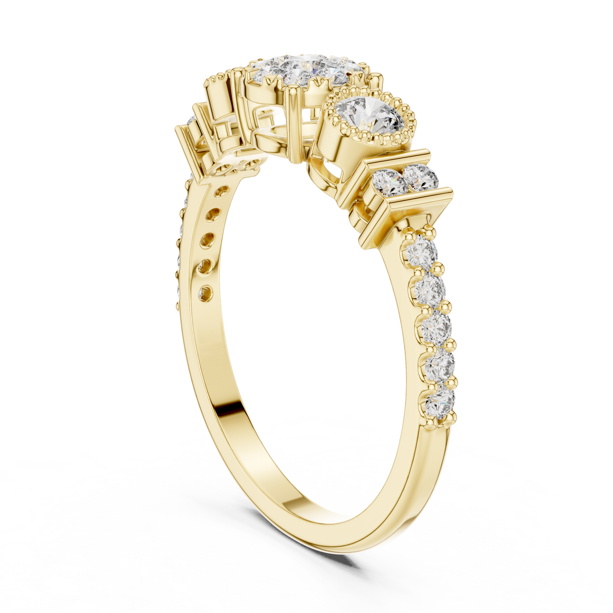 Round cut Three Stone Lab Diamond Engagement Ring - Vintage Style