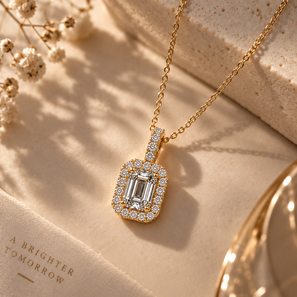 Emerald cut lab grown diamond necklace with halo setting for women