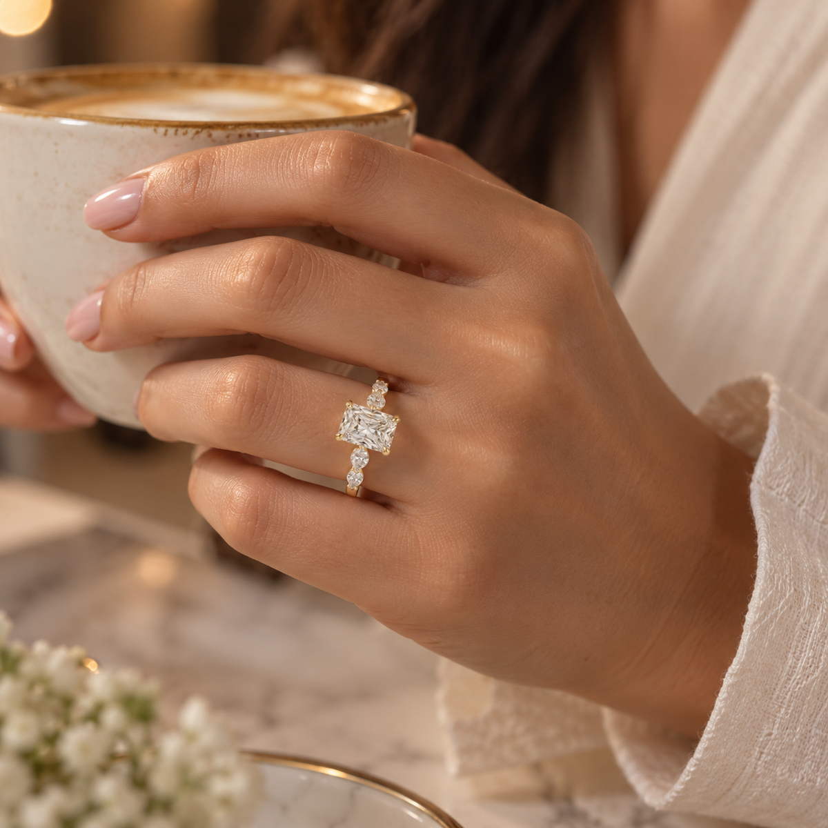 Radiant cut Diamond Hidden Halo Ring