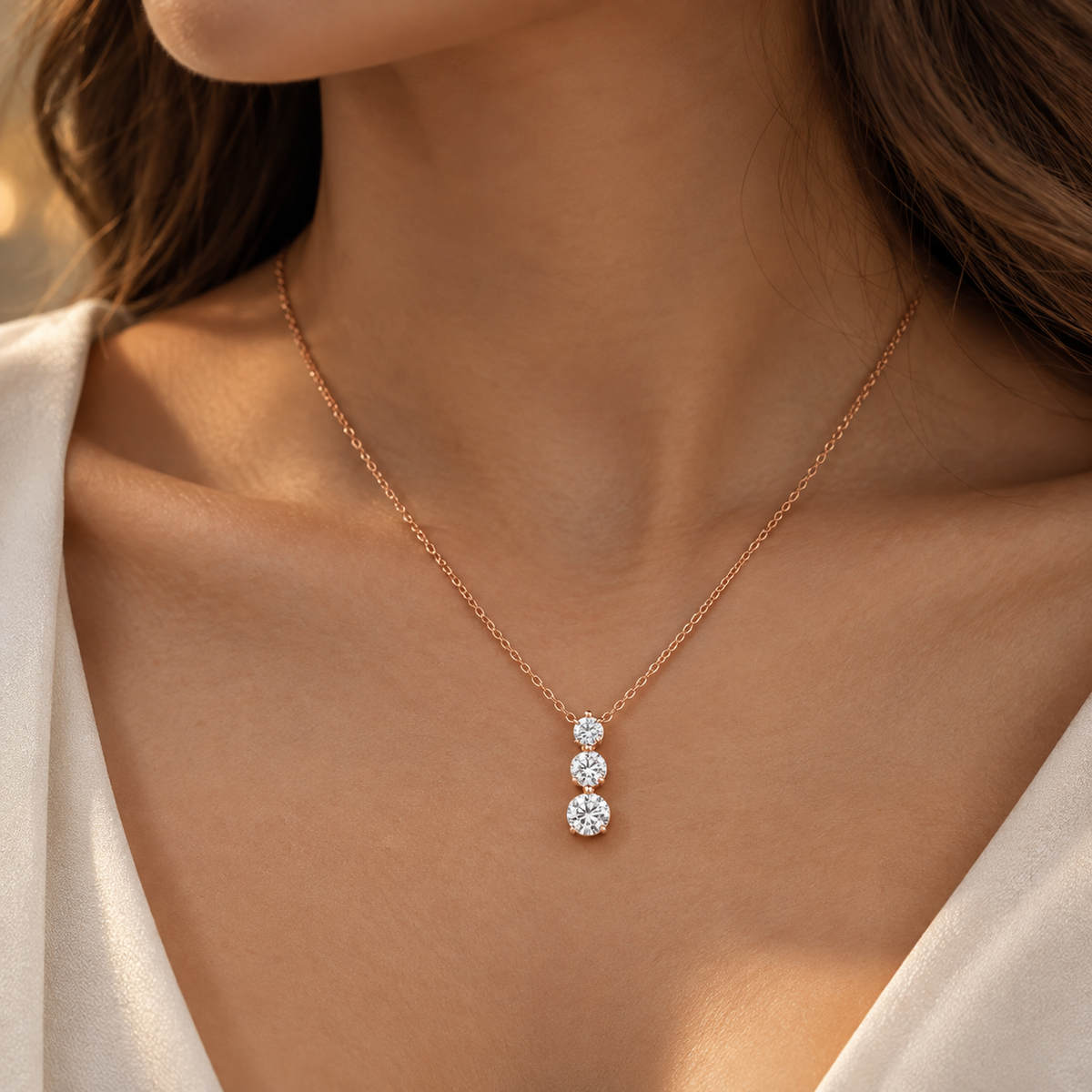 Three Stone Drop Round Diamond Pendant For Women