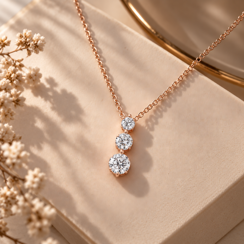 Three Stone Drop Round Diamond Pendant For Women
