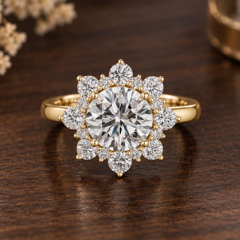 Round Lab Grown Diamond Engagement Ring in Floral Style