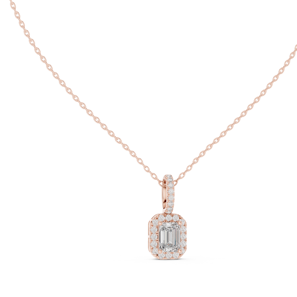 Luxury emerald cut lab grown diamond pendant with diamond halo