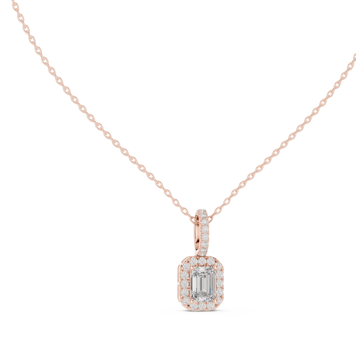 Luxury emerald cut lab grown diamond pendant with diamond halo