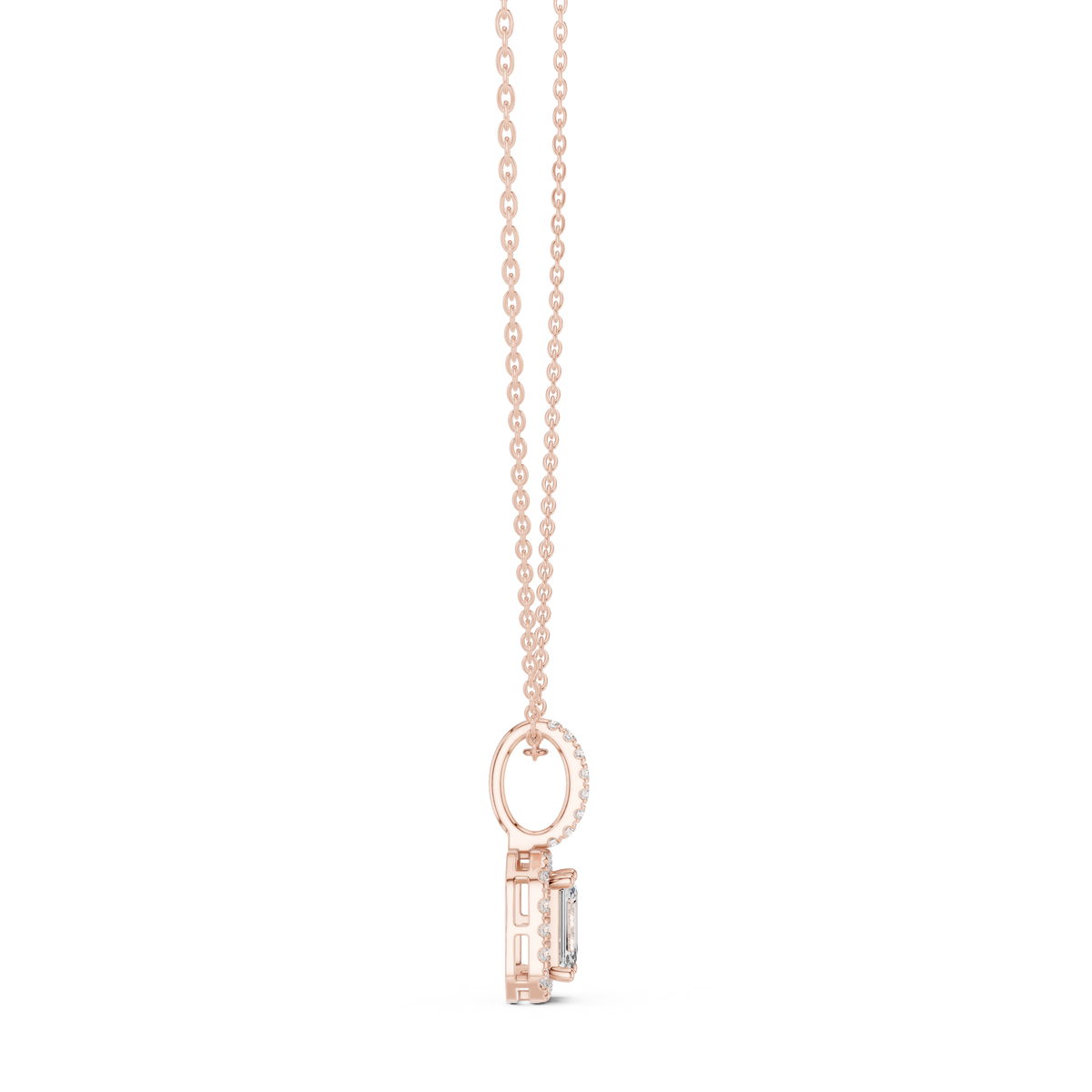 Gold emerald cut diamond pendant featuring a sparkling halo design