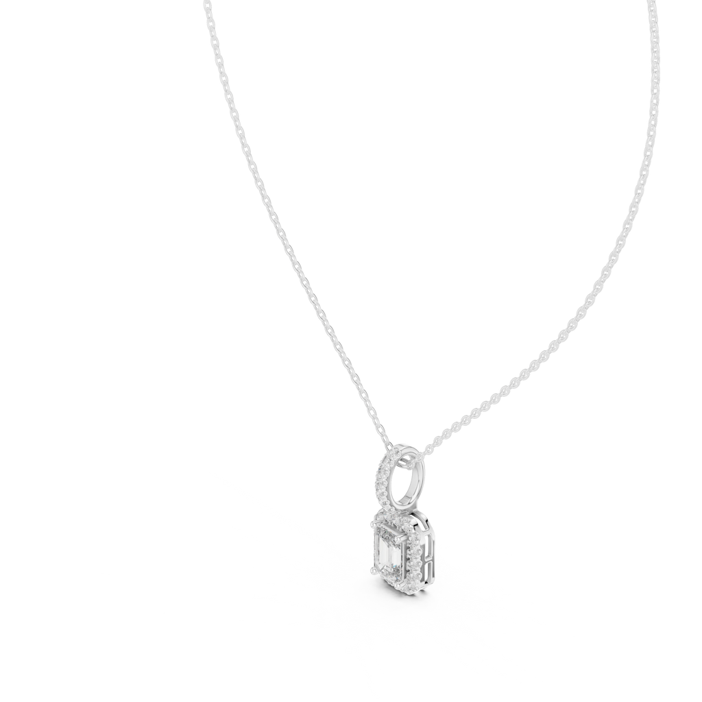Emerald cut lab grown diamond necklace with halo setting for women