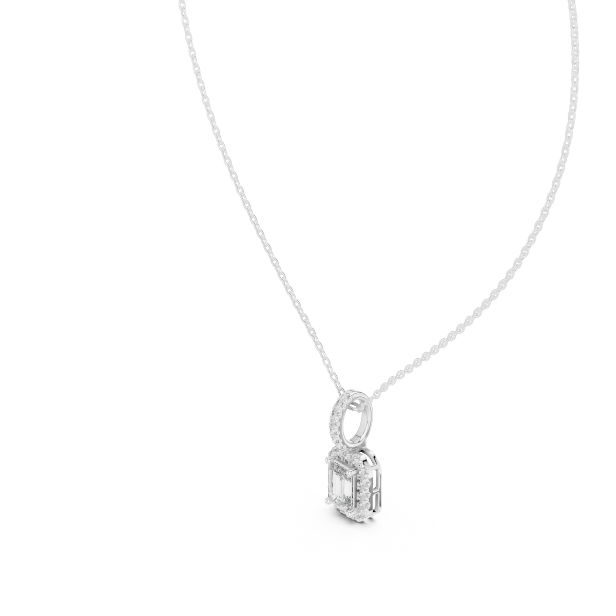 Emerald cut lab grown diamond necklace with halo setting for women