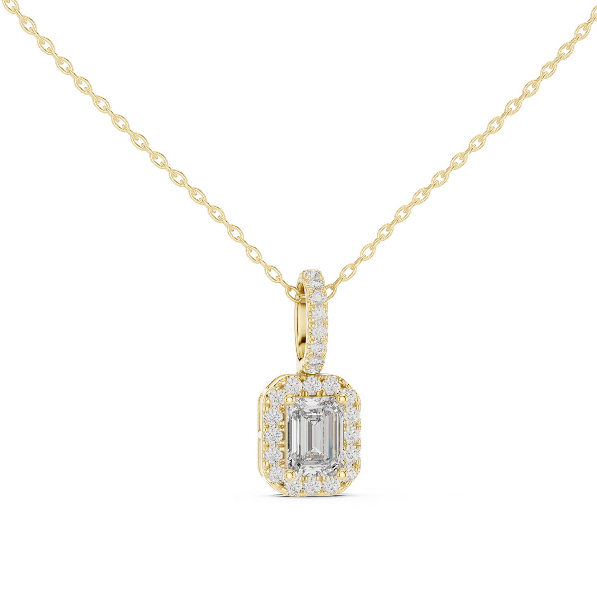 Emerald cut lab grown diamond halo pendant in gold by Grauvjewerly