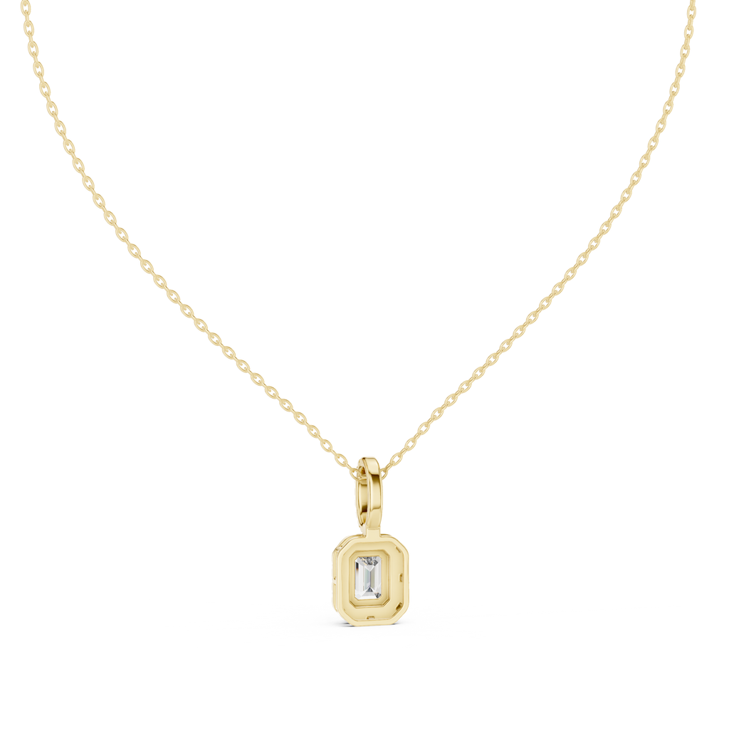Elegant emerald cut diamond halo necklace for women by Grauvjewerly