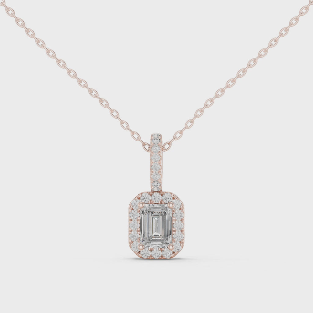 Emerald cut diamond pendant for women with sparkling diamond halo